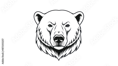 Bold black and white line art illustration of a bear head, a powerful animal portrait with strong, stylized features.