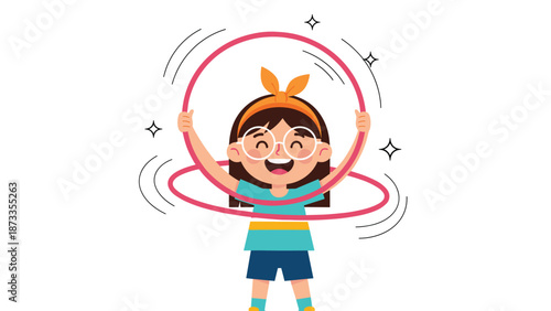 Little girl with glasses and orange headband playing with a pink hula hoop while smiling happily against a white background.