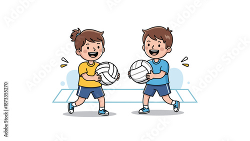 Two cheerful children wearing sports clothes playing a fun game of volleyball together with white balls against a simple background.