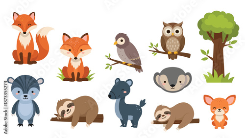 Set of cute woodland animal illustrations including foxes, owls, a sloth, and a tree on a white background for children.