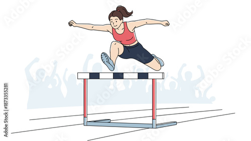 Athletic young woman in sports clothes jumping over a hurdle during a track and field competition with a cheering crowd.