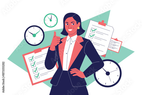 A confident businesswoman standing in front of a checklist and clocks