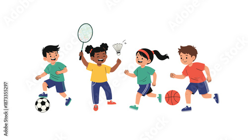 Four children engaging in different sports activities including soccer, basketball, running, and badminton on a white background.
