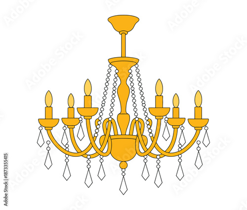 A beautiful golden chandelier with crystals hanging from chains on a white background