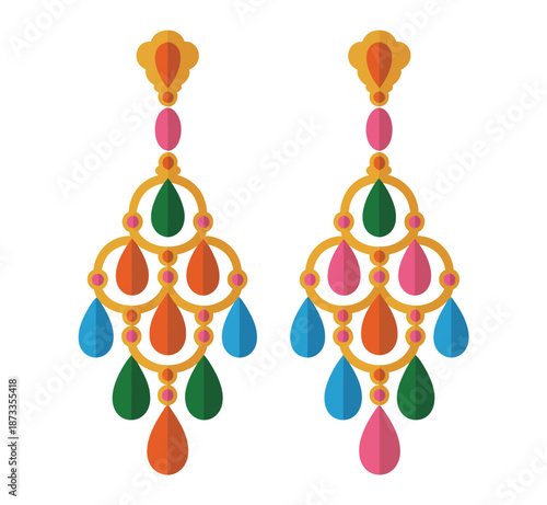 A pair of colorful earrings with teardrop shaped jewels and gold accents