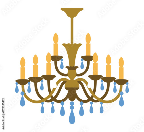 A luxurious gold chandelier with blue crystal drops on a white background