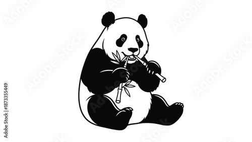 Black and White Graphic Illustration of a Sitting Giant Panda Eating Bamboo