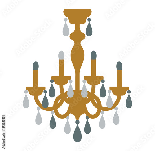 A beautiful golden chandelier with crystal drops on a white background