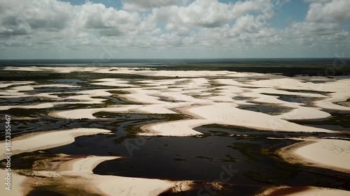 Lencois Maranhenses National Park drone view of dunes and lagoons - Rota Lagoa Azul, Maranhao, Brazil. High quality 4k footage