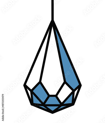 A modern geometric pendant light fixture with blue accents hanging from ceiling