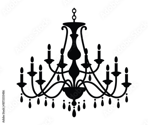 A beautiful black silhouette of a luxurious chandelier on a white background