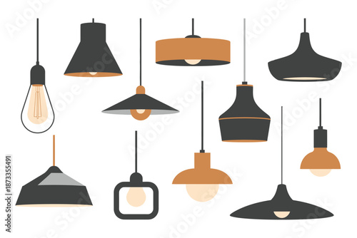A collection of modern pendant lights in various shapes and designs hanging from the ceiling