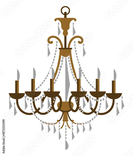 A luxurious gold chandelier with crystals hanging from a white ceiling