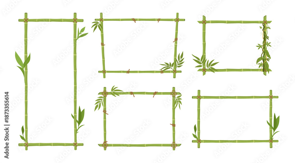 Fototapeta premium Bamboo frames. Jungle borders with green bamboo sticks and leaves wooden planks exotic signs flat vector illustration set. Cartoon bamboo frames