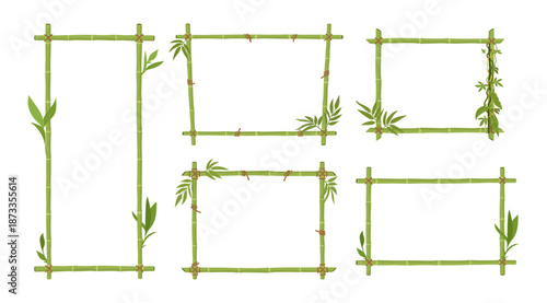 Bamboo frames. Jungle borders with green bamboo sticks and leaves wooden planks exotic signs flat vector illustration set. Cartoon bamboo frames