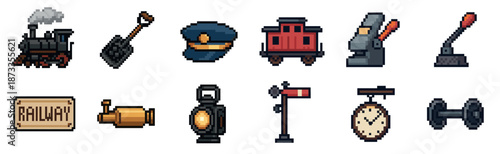 Set of pixel art railway icons featuring a steam locomotive, conductor hat, lantern, station clock, and other train equipment for a retro video game
