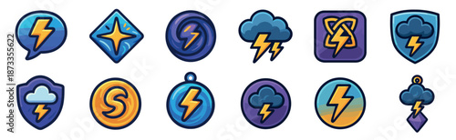 Collection of colorful cartoon power icons featuring lightning bolts, shields, and storm clouds for game assets or app design, rendered in a bold, vibrant vector illustration style