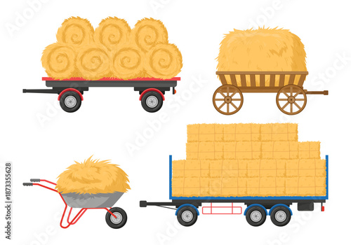 Cartoon carts full of hay. Agricultural haymaking, rural dried hay in trailer and cart, fodder straw flat vector illustration set. Hay trucks on white background