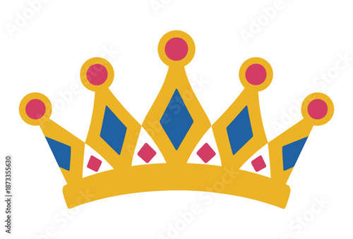 A colorful cartoon crown with blue and red jewels on a white background