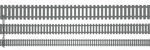 Three different seamless train track border styles for repeatable travel and transportation graphics, perfect for journey themes, posters, banners, maps, branding, and creative design projects