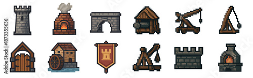 Medieval fantasy pixel art icon set for video games, including a castle tower, forge, catapult, watermill, and banner in a retro 8-bit style for game development