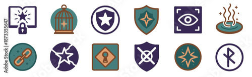 Set of twelve fantasy role-playing game icons featuring magical symbols like a locked spellbook, enchanted shield, scrying eye, and protective runes for user interface design
