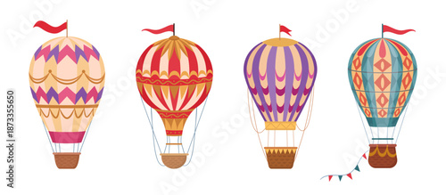 Cartoon flying hot air balloons. Retro hot air balloons decorated with flags and garlands flat vector illustration set. Vintage air transport collection on white