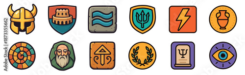 Colorful set of ancient civilization and fantasy icons featuring a viking helmet, trident, coliseum, and laurel wreath, designed as game assets or achievement badges