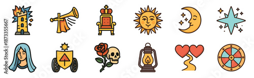 Set of twelve colorful tarot icons representing Major Arcana cards like the sun, moon, tower, and lovers in a modern cartoon line art style for divination and fortune telling