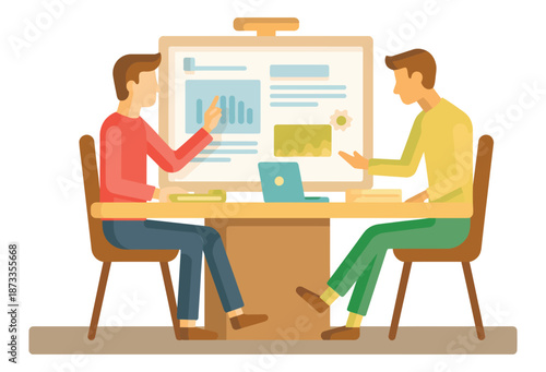 Two Men Discussing Project at Desk.