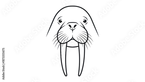 Minimalist line drawing of a walrus face with long tusks and whiskers.