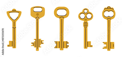 Cartoon retro door keys. Vintage house, apartment or mail box keys flat vector illustration set. Hand drawn keys on white