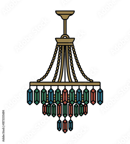 A colorful crystal chandelier with chains and multicolored gemstones hanging from a gold frame