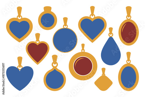 A collection of various pendants in gold with colorful gemstones and shapes