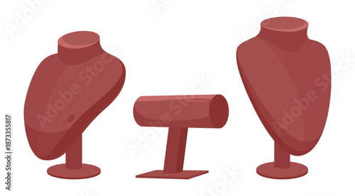 Jewelry shop showcase mannequins. Stands for precious jewelry accessories, glamorous jewelry on bijouterie shop holders flat vector illustration set. Cartoon jewel shop hangers