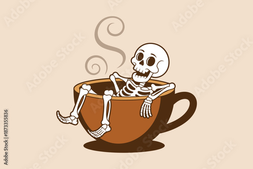 A cartoon skeleton relaxing in a steaming hot cup of coffee