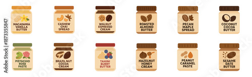 Set of twelve gourmet nut and seed butter jars with colorful illustrated labels showing ingredients for each unique flavor, presented as a flat design vector collection