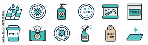 Set of sterilization and hygiene icons illustrating antibacterial, purified, and microbe-free properties for products, featuring disinfectant spray, sterile containers, and clean room symbols