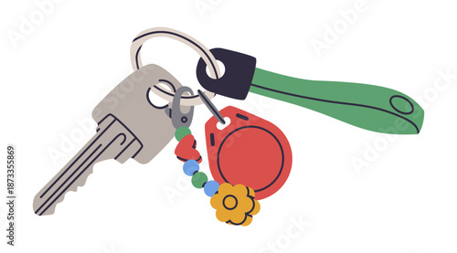 Keys bunch. Modern door keys with keychain, real estate property locking keys flat vector illustration. House keys on white background