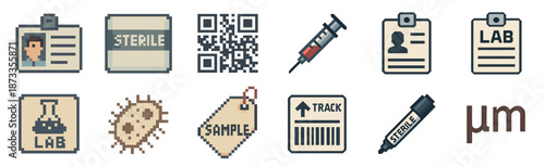 Set of pixel art laboratory icons featuring a syringe, ID badge, QR code, bacterium, sample tag, and tracking label in a retro 8-bit video game style for science and medical themes