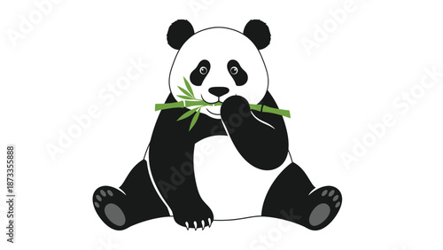 Cartoon panda illustration sitting and eating bamboo shoots on a white background