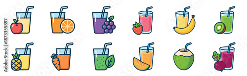 Set of colorful fruit and vegetable juice icons in a flat line art style, illustrating a variety of healthy smoothies and fresh drinks like apple, orange, grape, and carrot