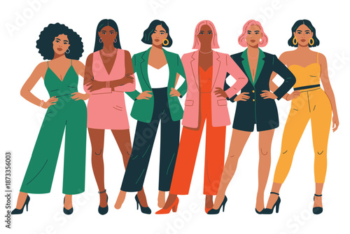 A diverse group of confident women standing together in stylish outfits