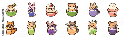 Set of cute kawaii animal characters sitting inside colorful fruit drinks, smoothies, and mugs in a charming flat cartoon vector illustration style for stickers or icons