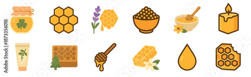 Collection of honey and bee product icons showing a jar, honeycomb, beeswax candle, pollen, and dipper in a flat vector illustration style for natural food concepts