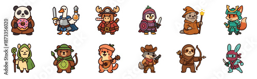 Set of cute cartoon animal characters dressed in various fantasy and historical costumes like knight, pirate, wizard, and samurai, designed as charming game assets or stickers
