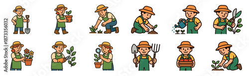 Charming set of gardener character illustrations showing men and women planting, watering, pruning, and harvesting plants and vegetables in a cute cartoon style