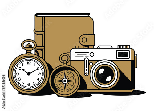 A vintage-style illustration of a camera, compass, and stopwatch with a suitcase