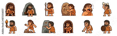Collection of cartoon caveman characters in various poses showing prehistoric life with tools like clubs, spears, and torches in a simple flat illustration style