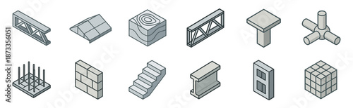 Set of construction and building material icons showing various structural elements like trusses, beams, foundations, and walls in a clean isometric line art illustration style